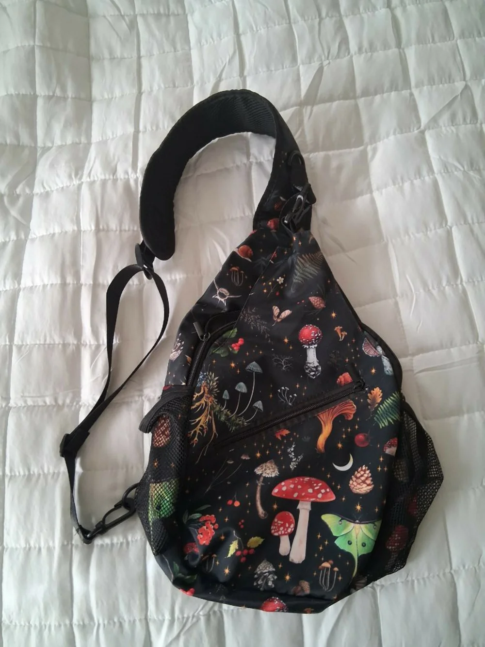 Black Mushroom-Print Crossbody Sling Bag